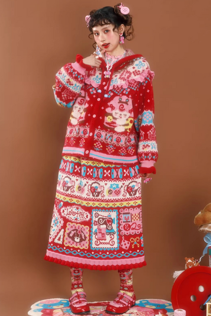 Rote Jacquard-Spitzenstrickrock