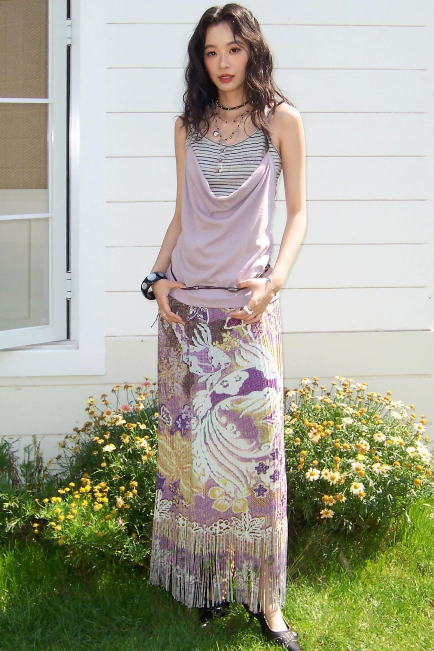 Pleated Satin Floral Skirt