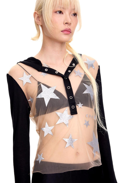 Pentagram Glitter Print Long-Sleeved Top