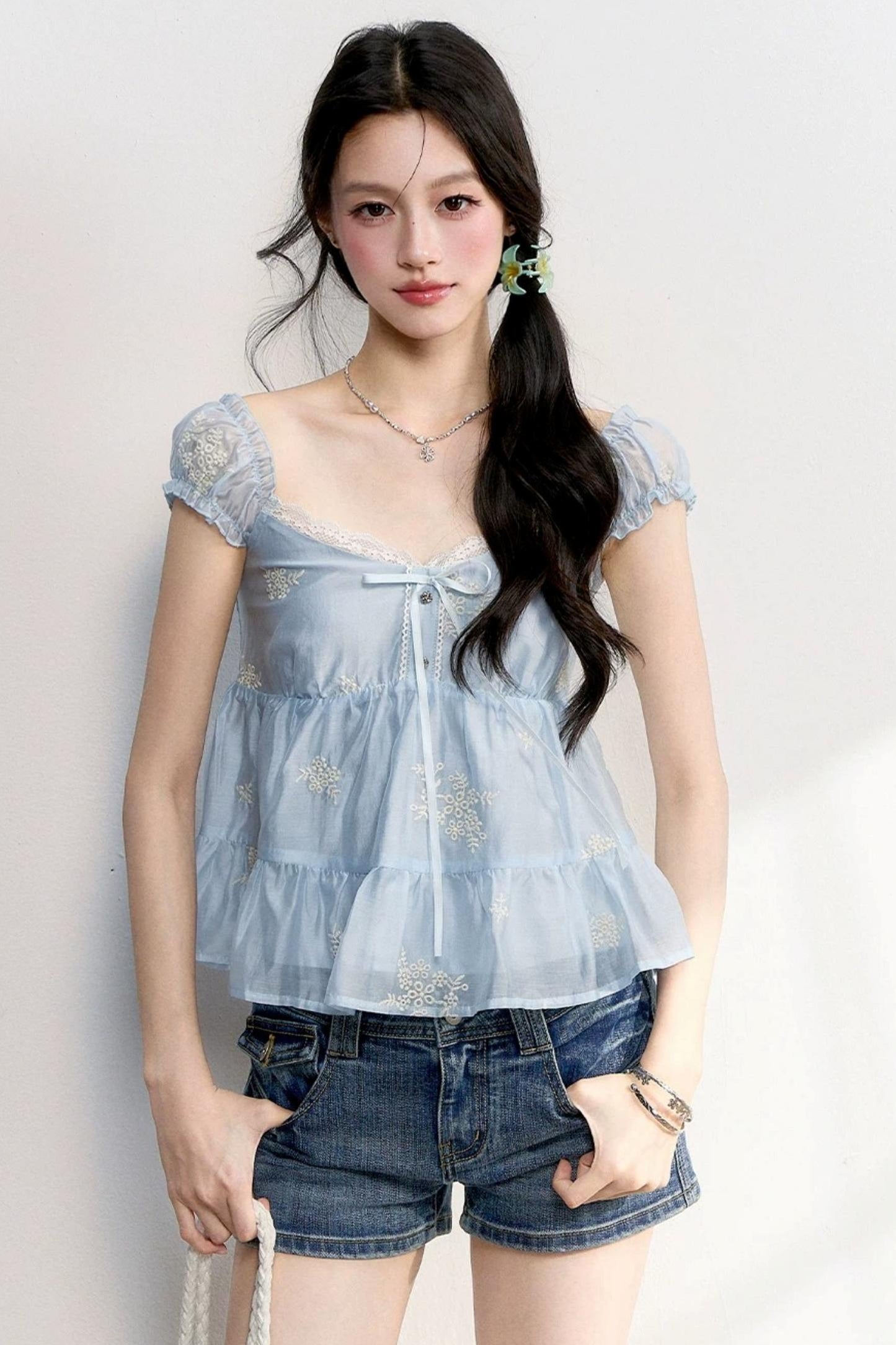 French Lace Puff Sleeve Blouse
