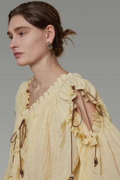 Drawstring Bead V-Neck Shirt