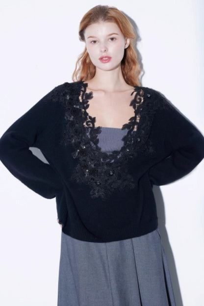 Rhinestone Lace Wool Top