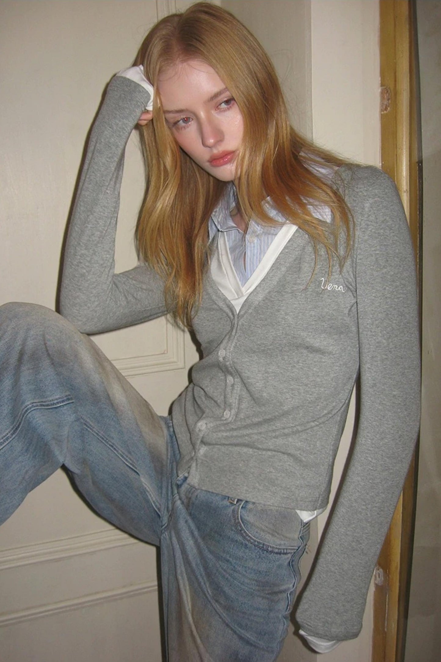 Gray Embroidered Knit Blouse