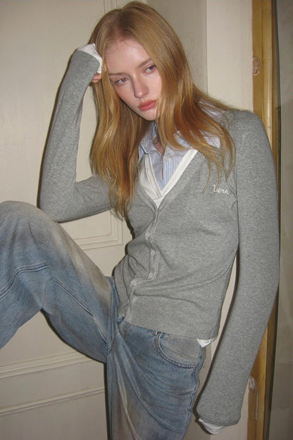 Gray Embroidered Knit Blouse