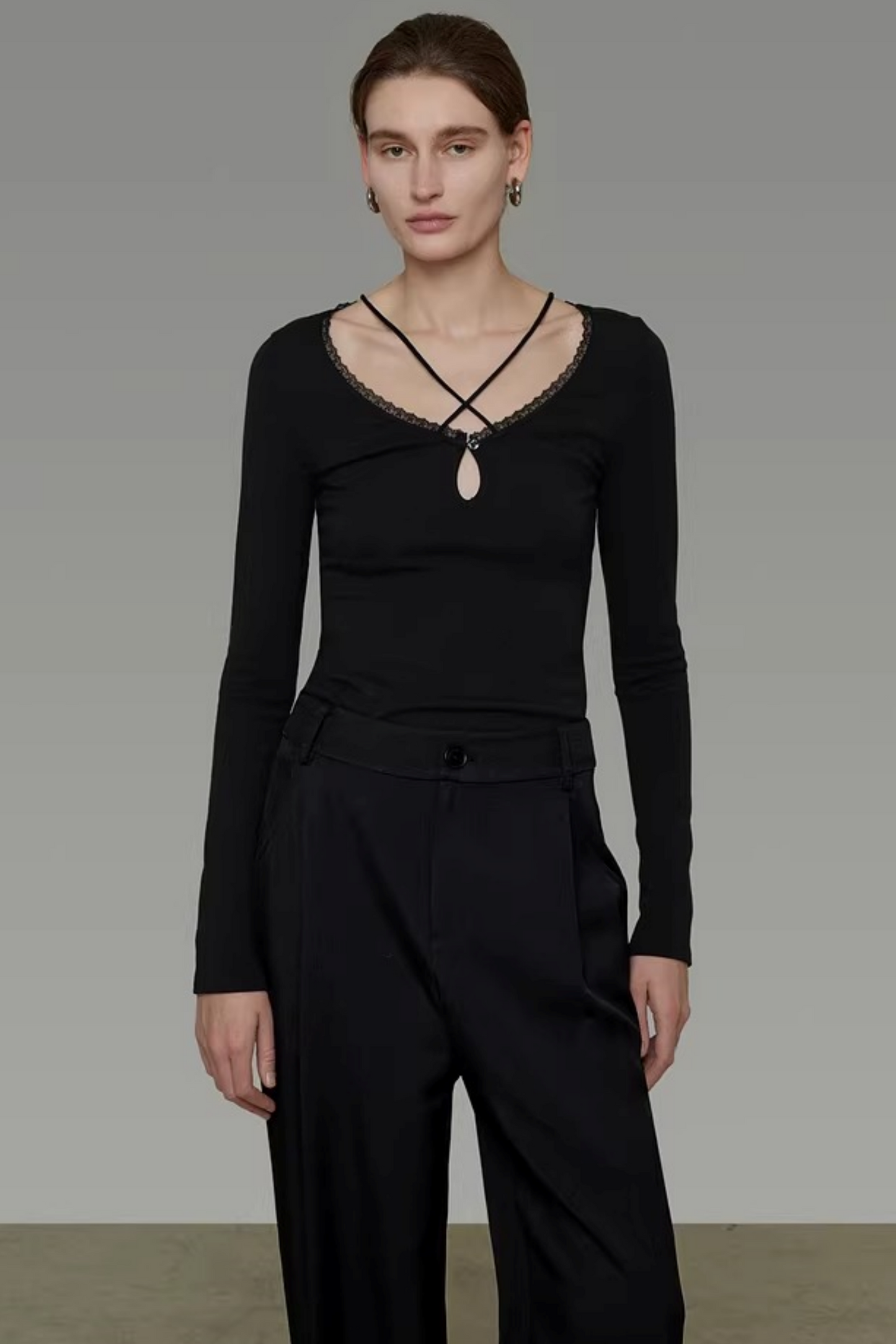 Black Cross-Neck Knit Sweater