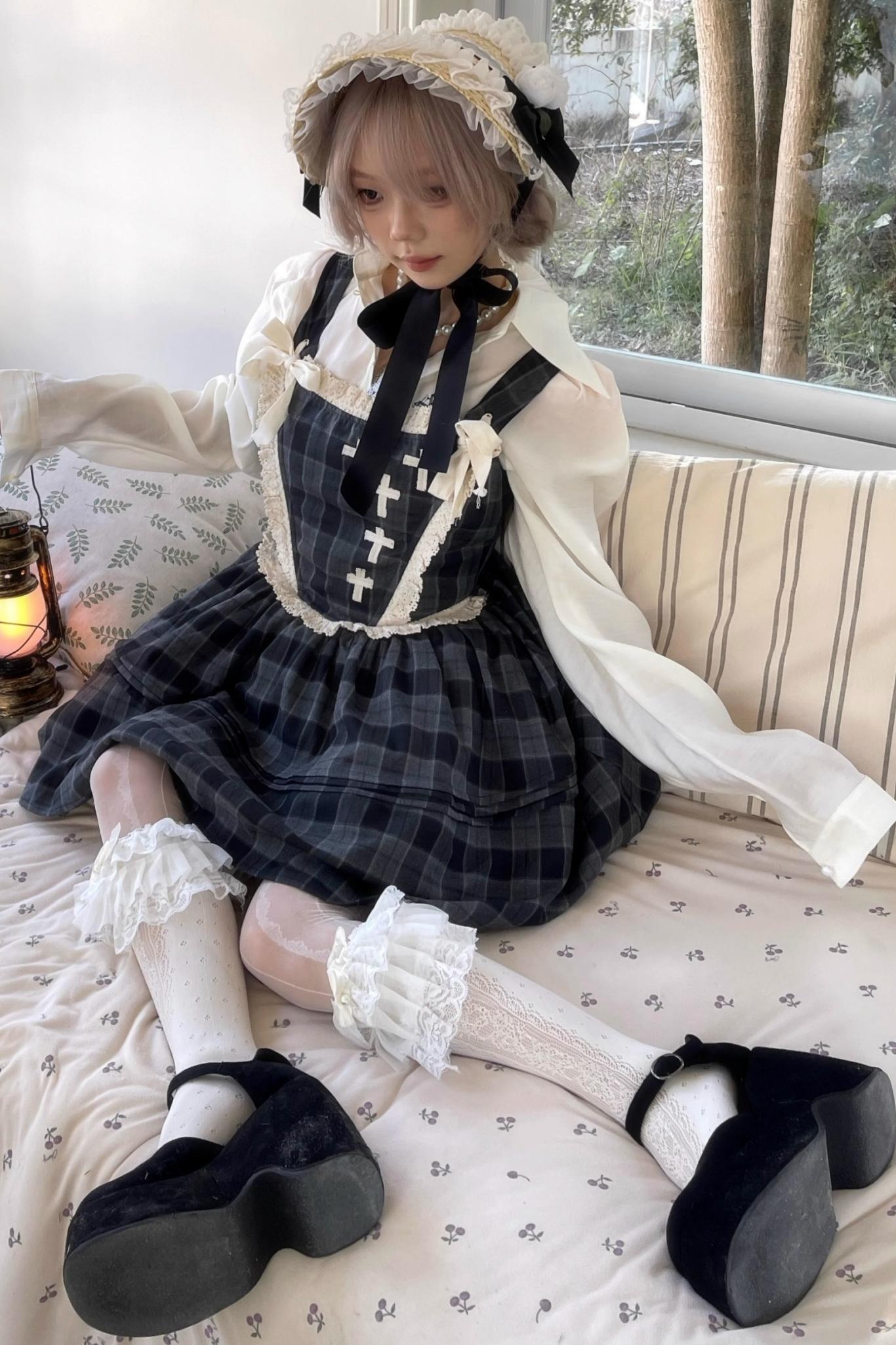 Gray Plaid Waist Cinched Herringbone Lace Bow Tie Dress Set-Up