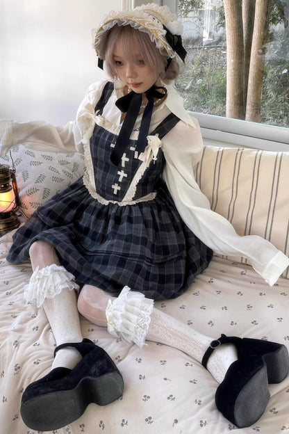 Gray Plaid Waist Cinched Herringbone Lace Bow Tie Dress Set-Up