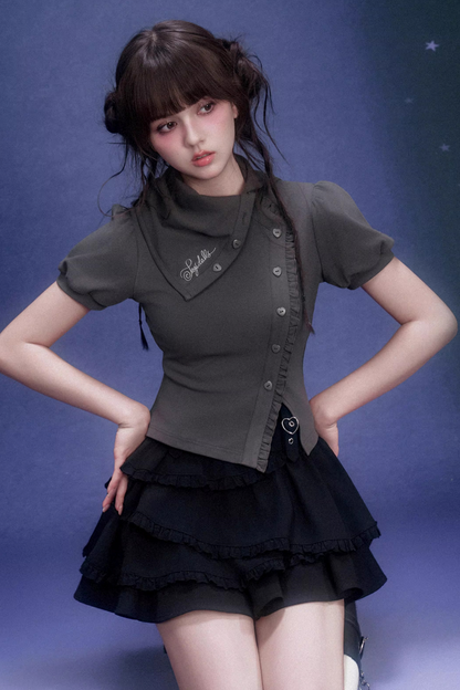 Gray Diagonal Placket Blouse
