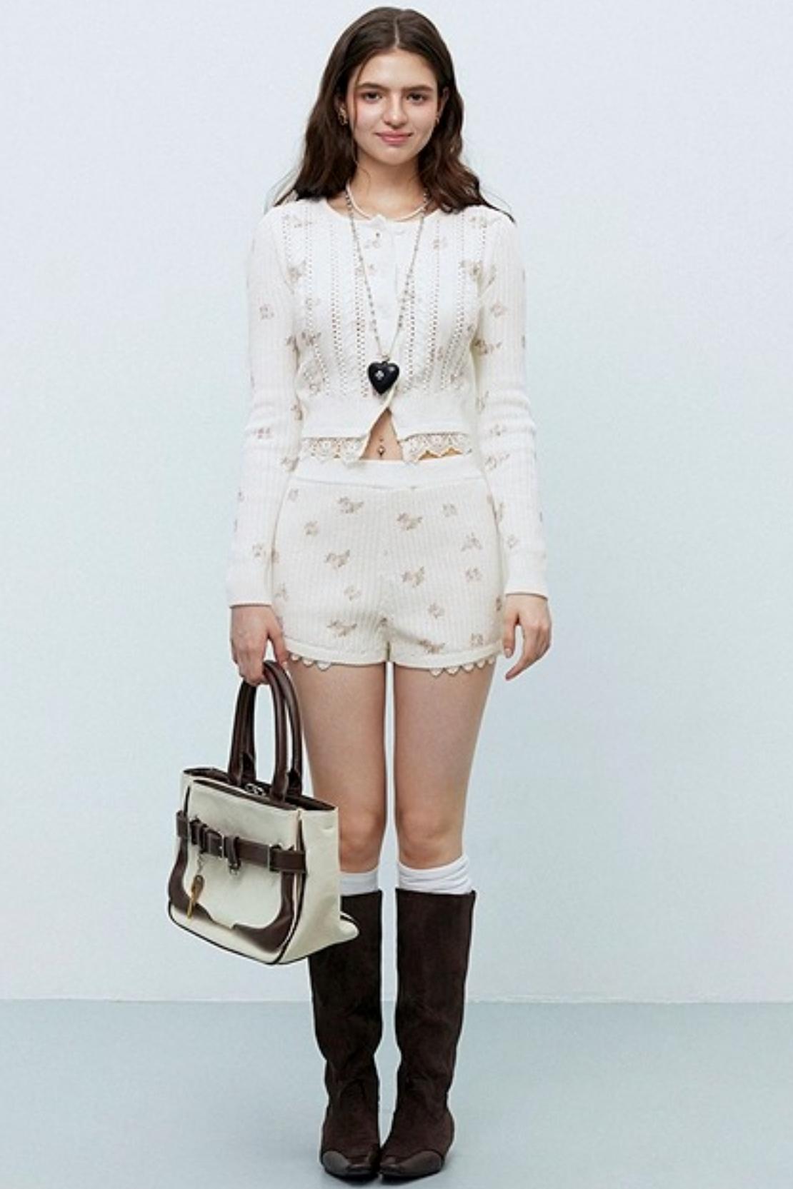 Floral Knit Cardigan Shorts Set-Up