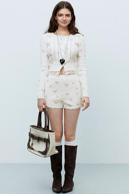 Floral Knit Cardigan Shorts Set-Up