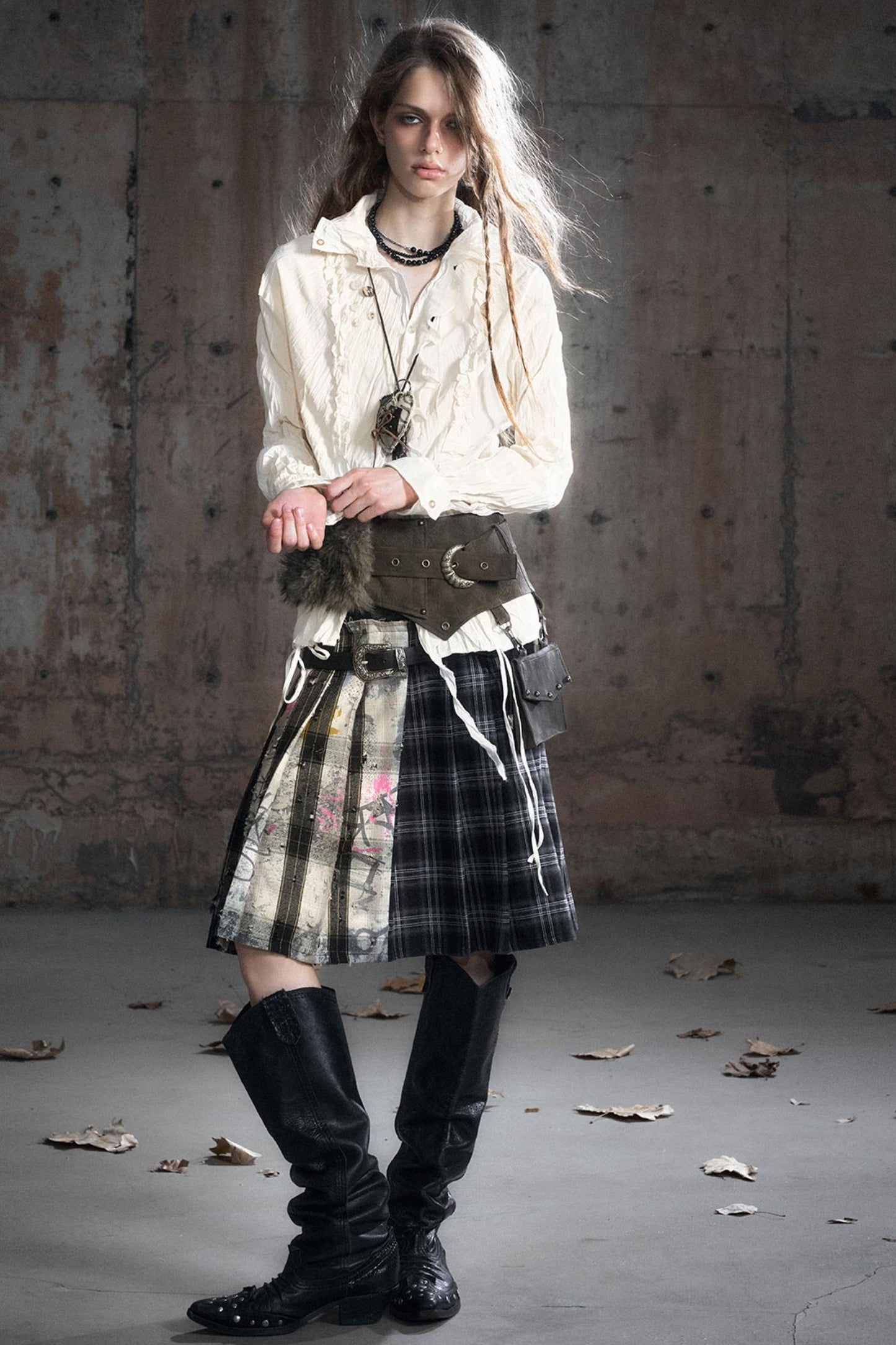 Leather Waist Plaid Pleated Skirt