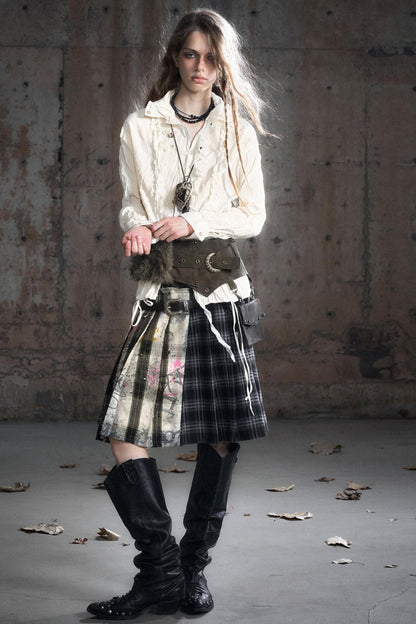 Leather Waist Plaid Pleated Skirt