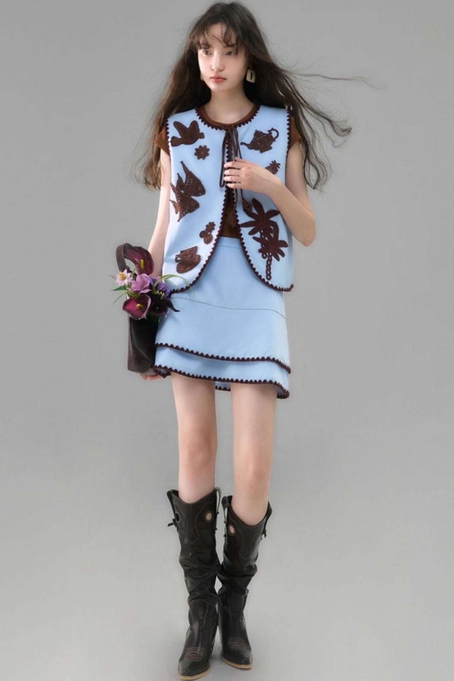 Island Tea Flower Embroidered Top & Skirt Set-Up