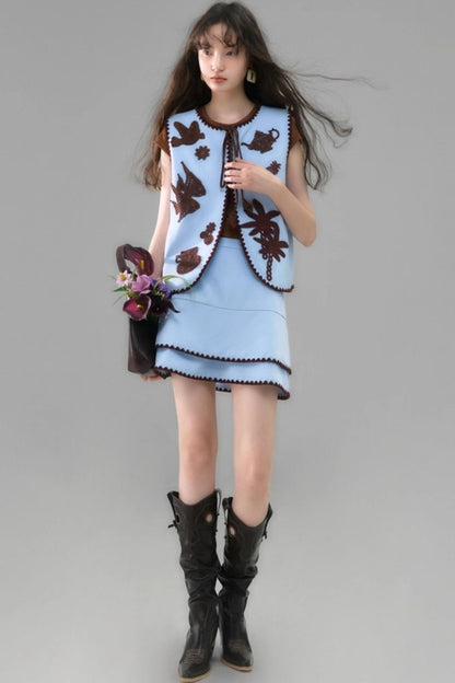 Island Tea Flower Embroidered Top & Skirt Set-Up