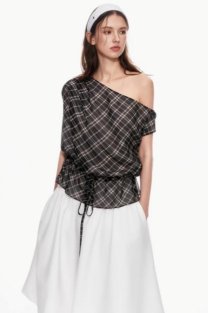 Plaid Asymmetrical Off-Shoulder Top