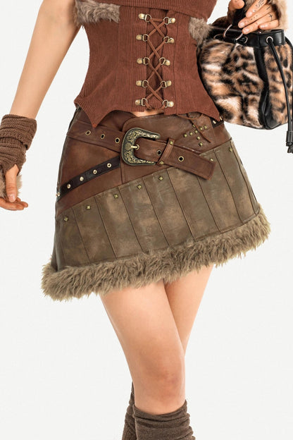 Furry Patchwork Leather Skirt Set-Up
