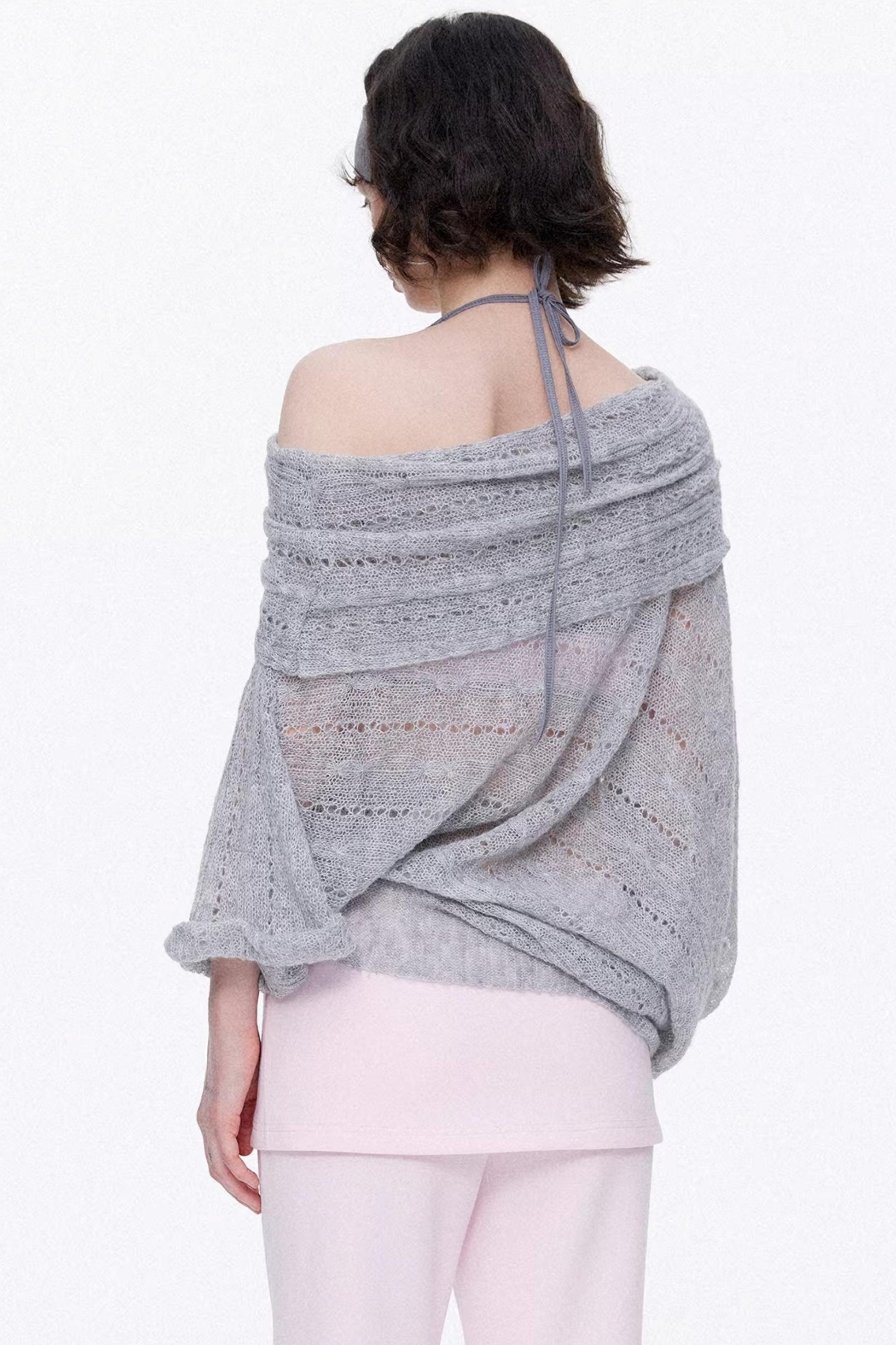 Elegant gray off-the-shoulder knit top with a relaxed fit back veiw