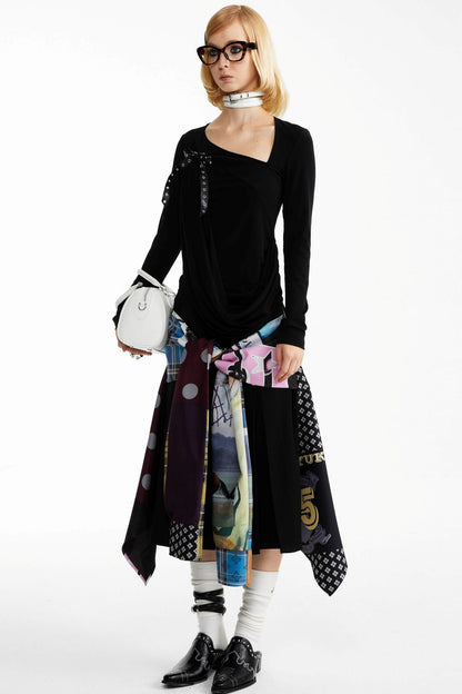 Street Print Deconstructed Stitched Skirt