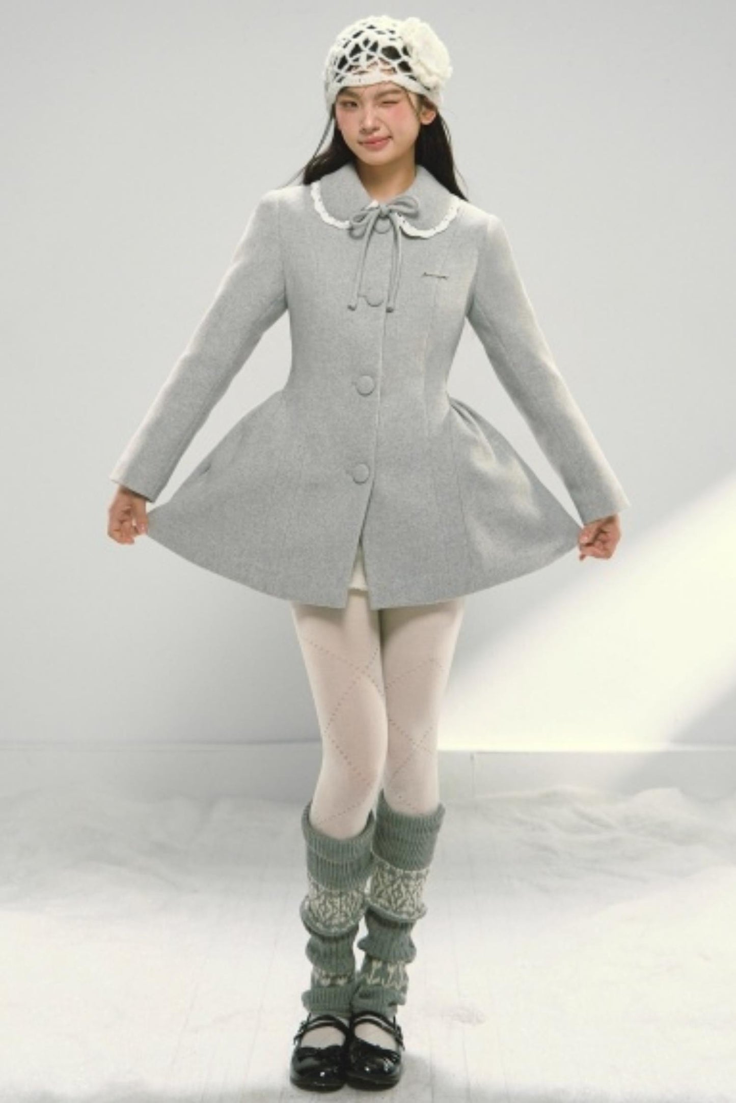 Light Gray Bow Woolen Coat