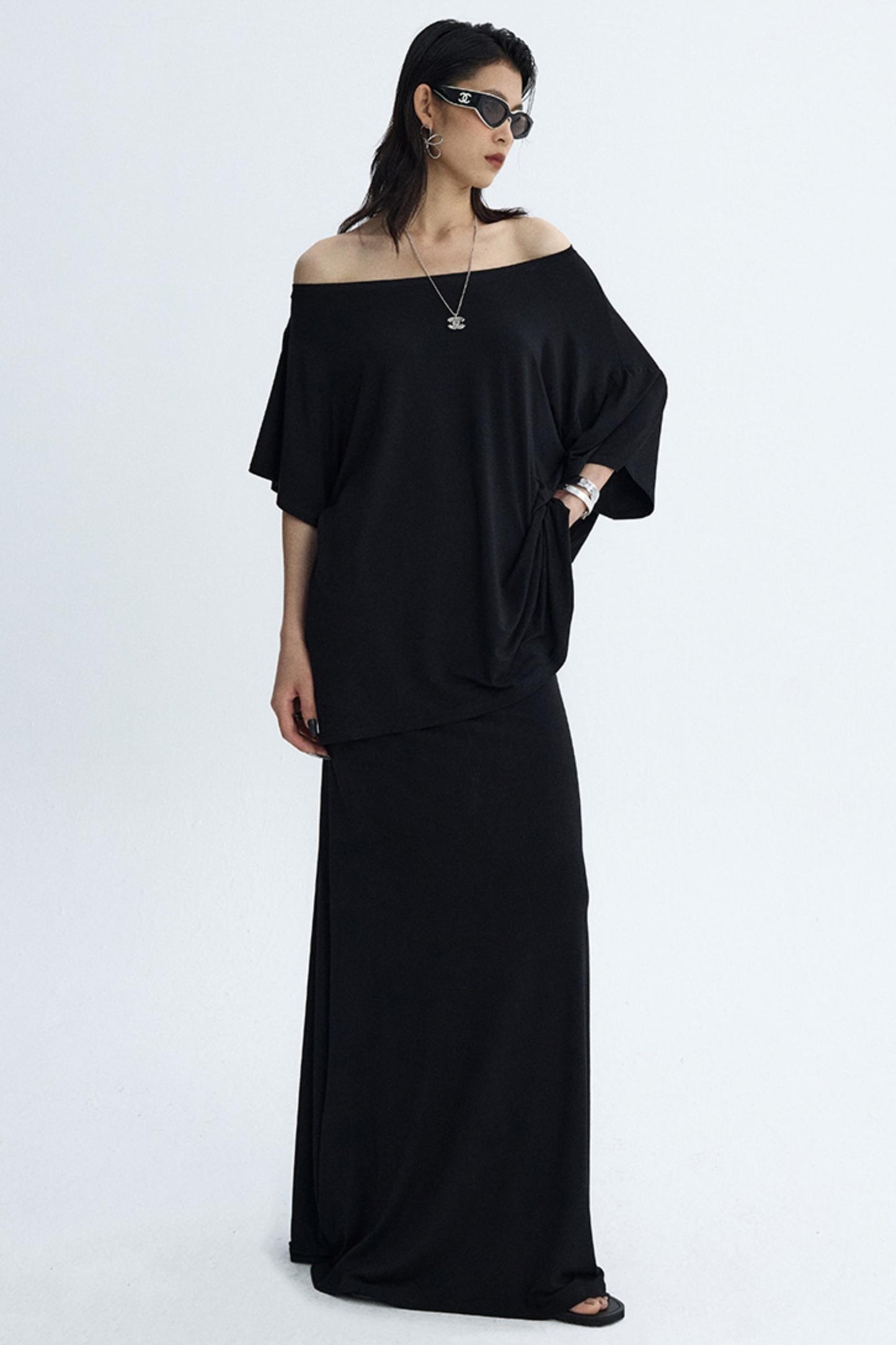 Black Draped Maxi Skirt