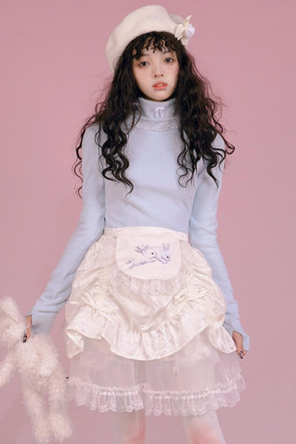 Solid Color Bow Lace Turtleneck Shirt