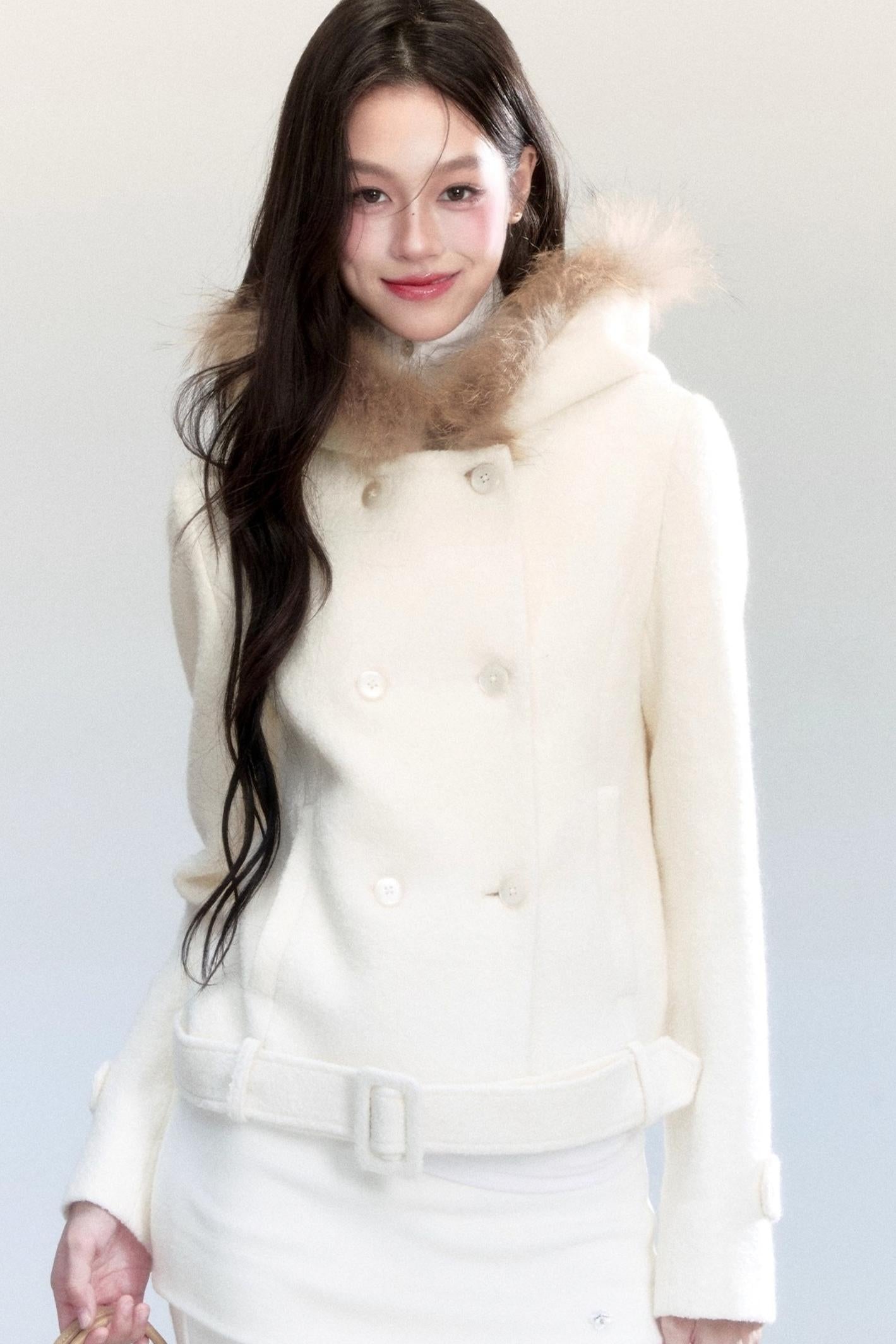 Fur Collar Slim Tweed Coat
