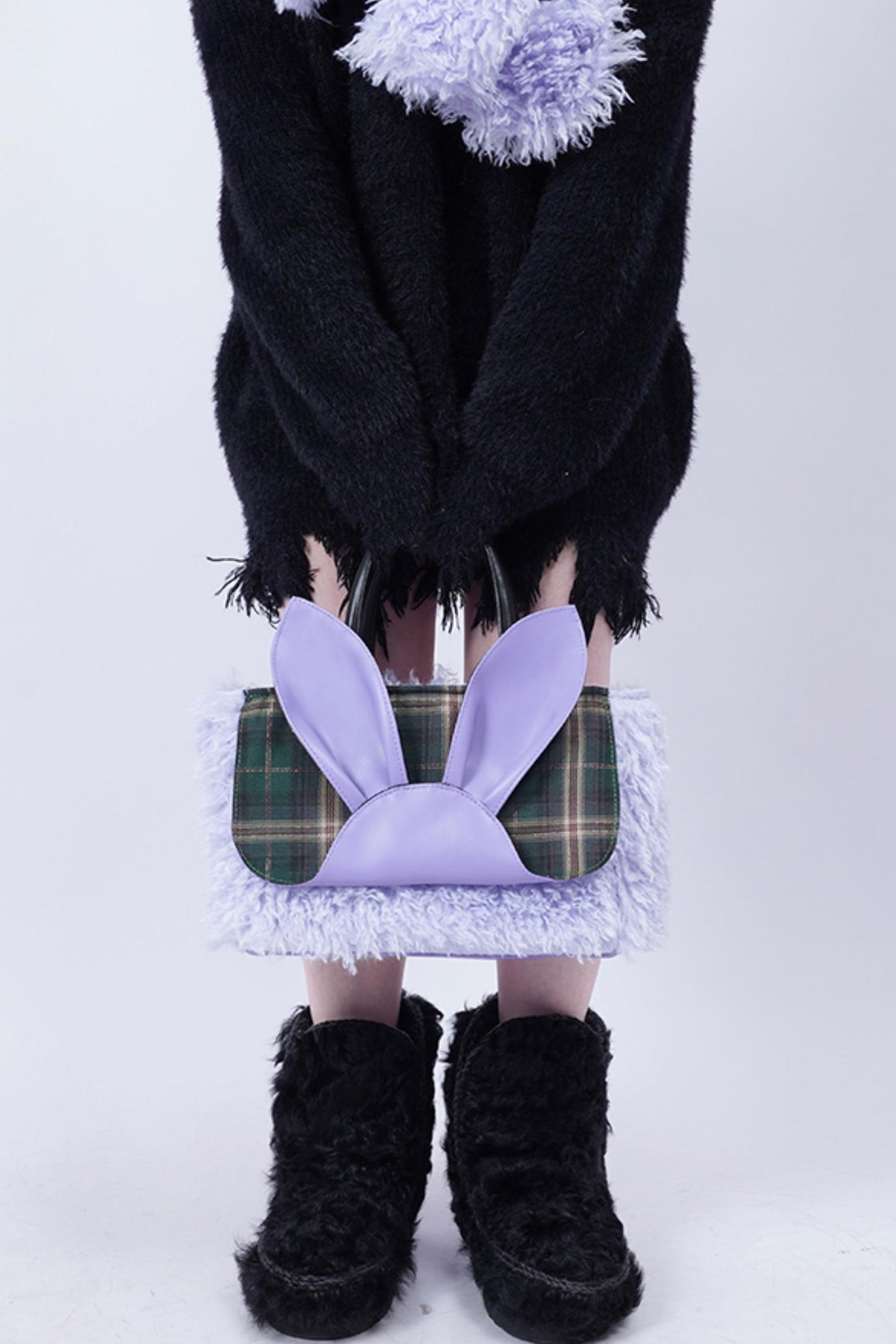 Plaid Rabbit Fur Tote Bag