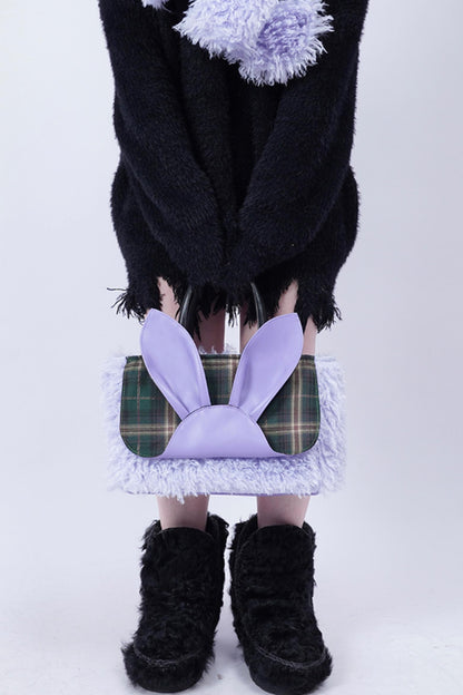 Plaid Rabbit Fur Tote Bag