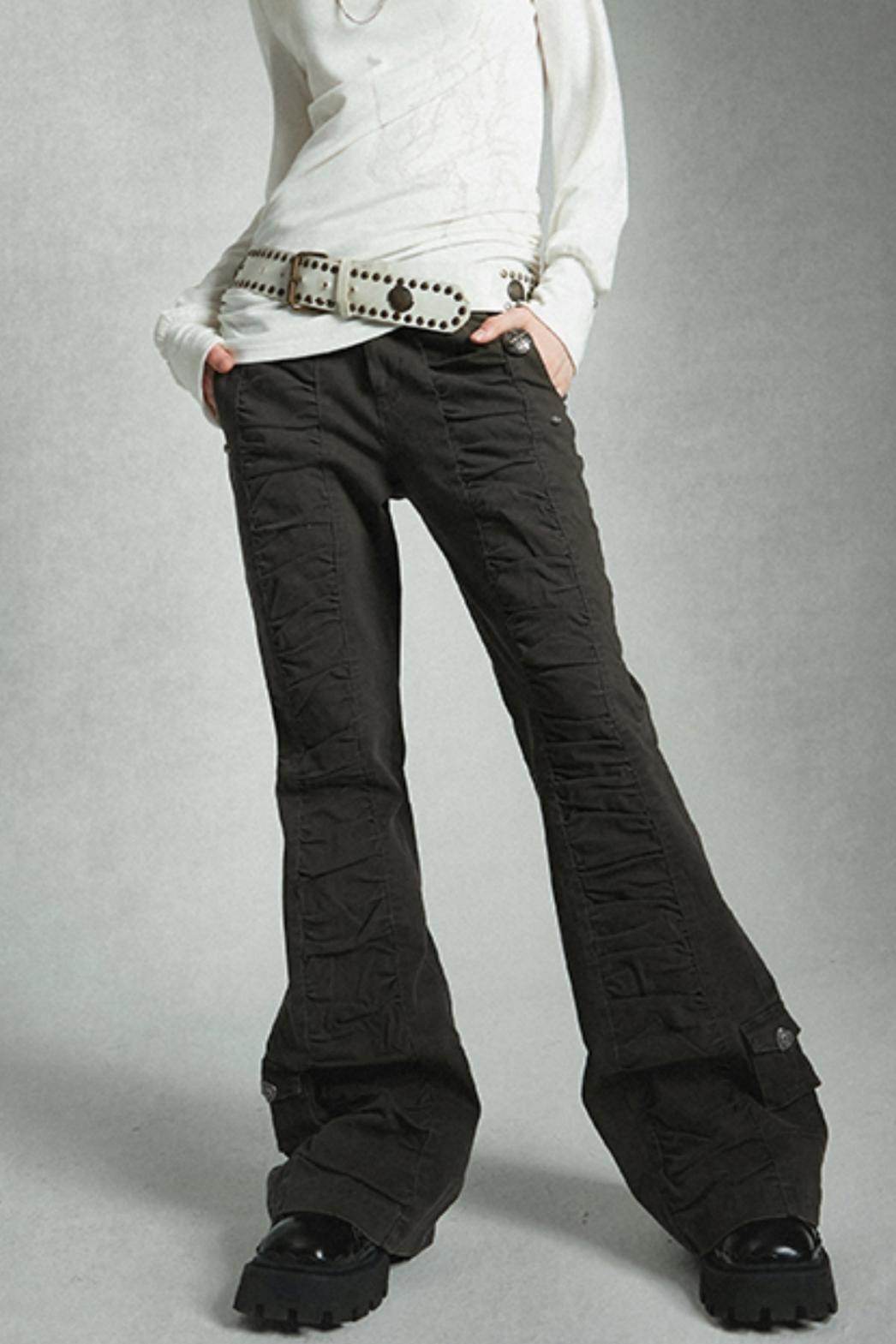 Vintage Black Pleated Slim Denim Pants