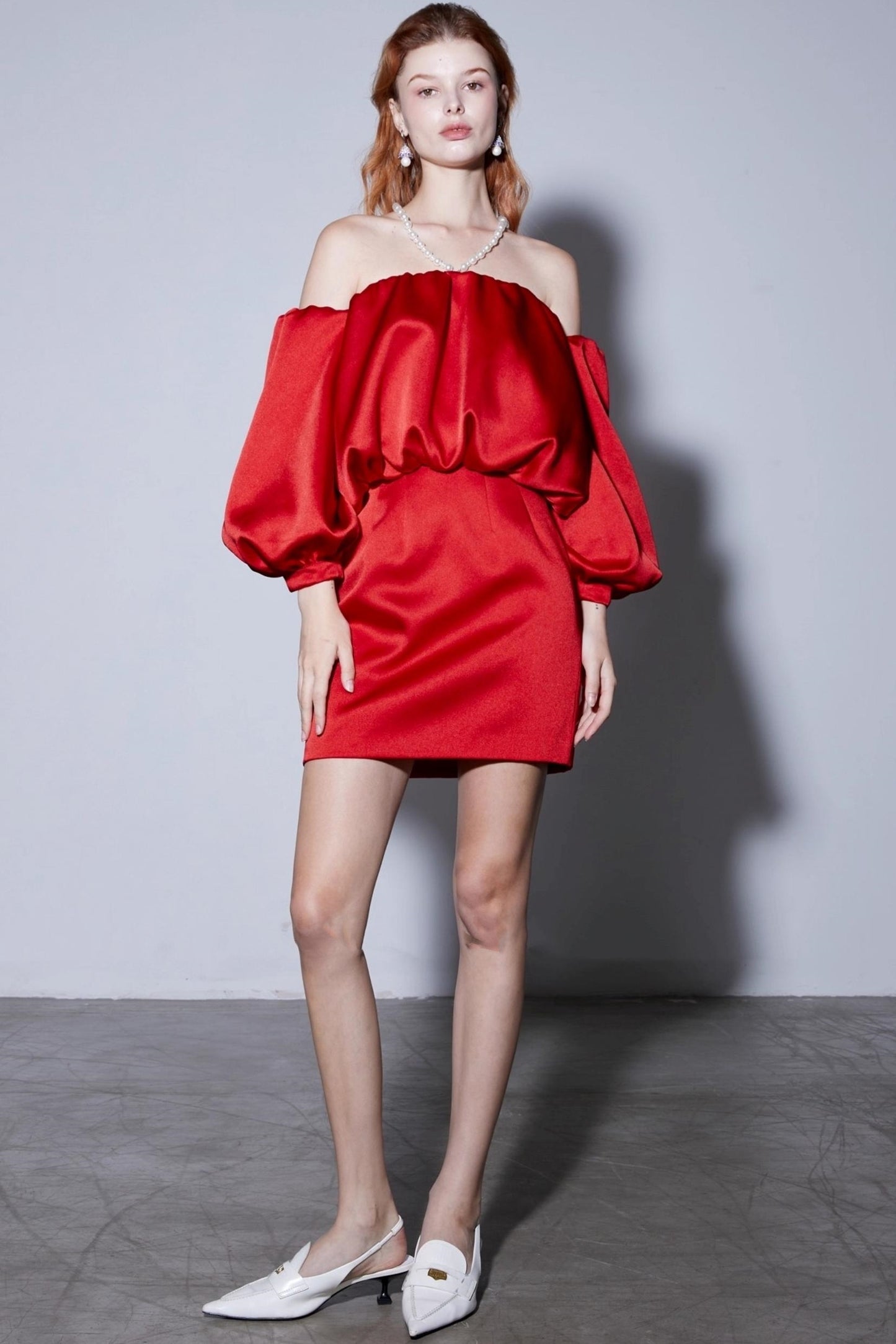 Autumn Pearl Lantern Sleeve Satin Dress