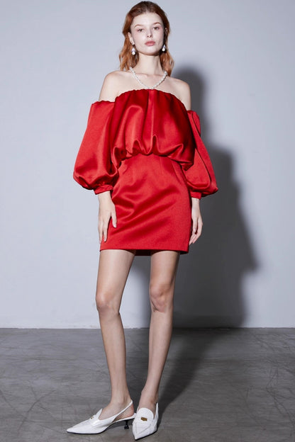 Autumn Pearl Lantern Sleeve Satin Dress