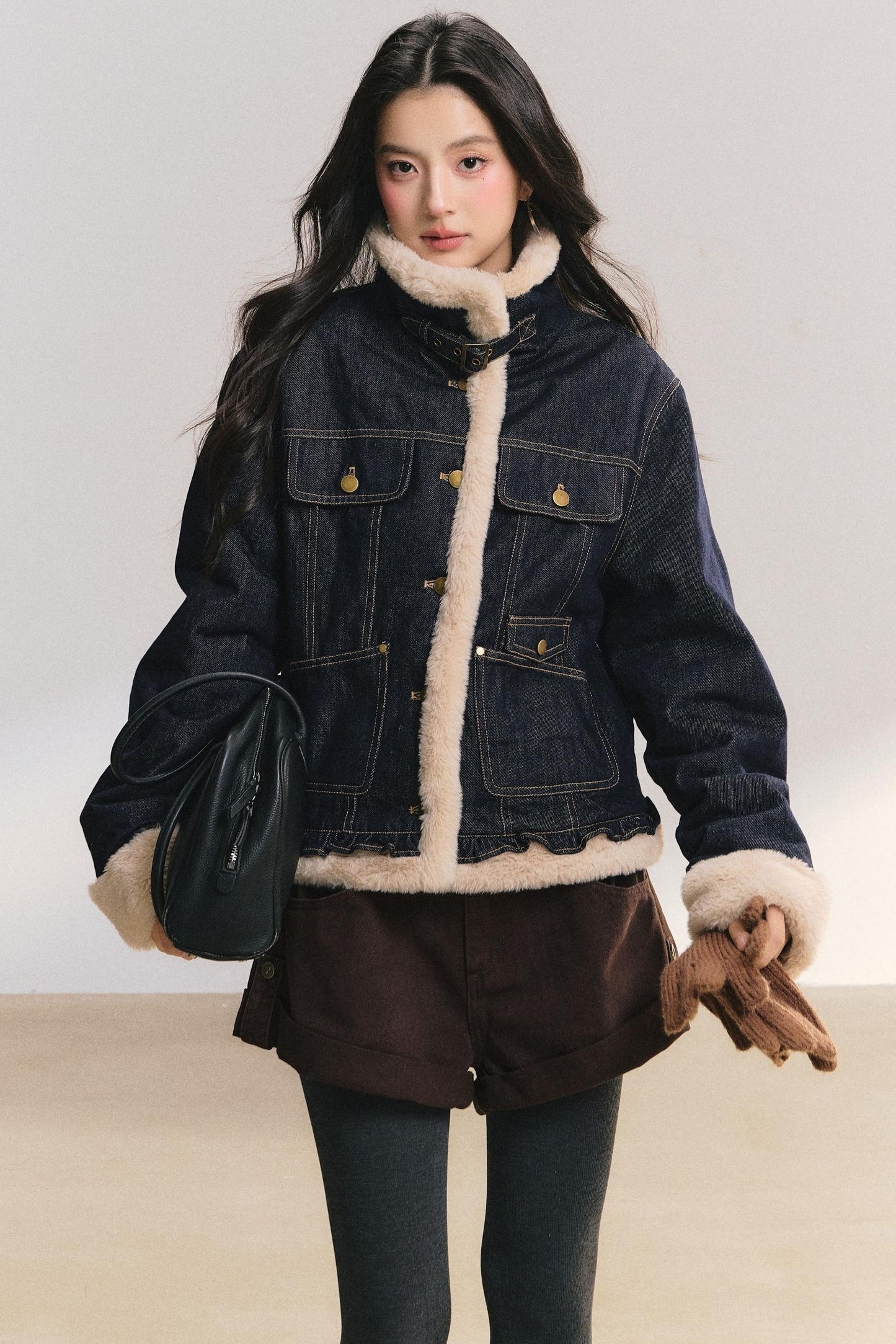 Denim Lace Trim Fur Coat