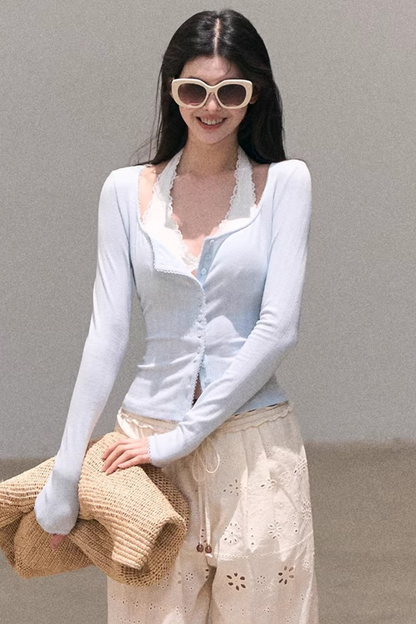 Hollow-Out Ribbed Knit Cardigan