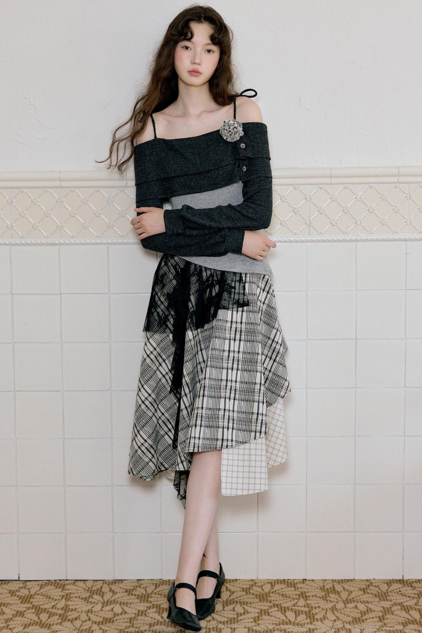 Camisole Knit Top Plaid Skirt Set-Up