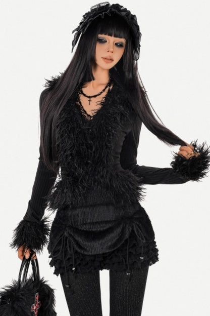 Black Furry Knit Cardigan