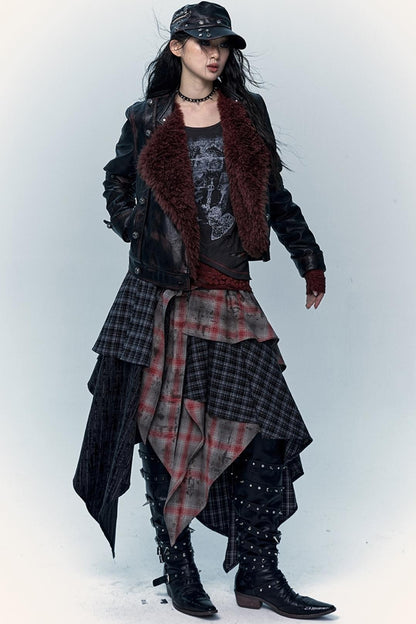 Multi-Layer Check Long Skirt