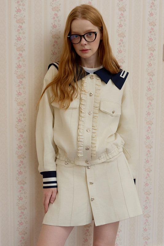 Beige Navy Collar Jacket Set-Up