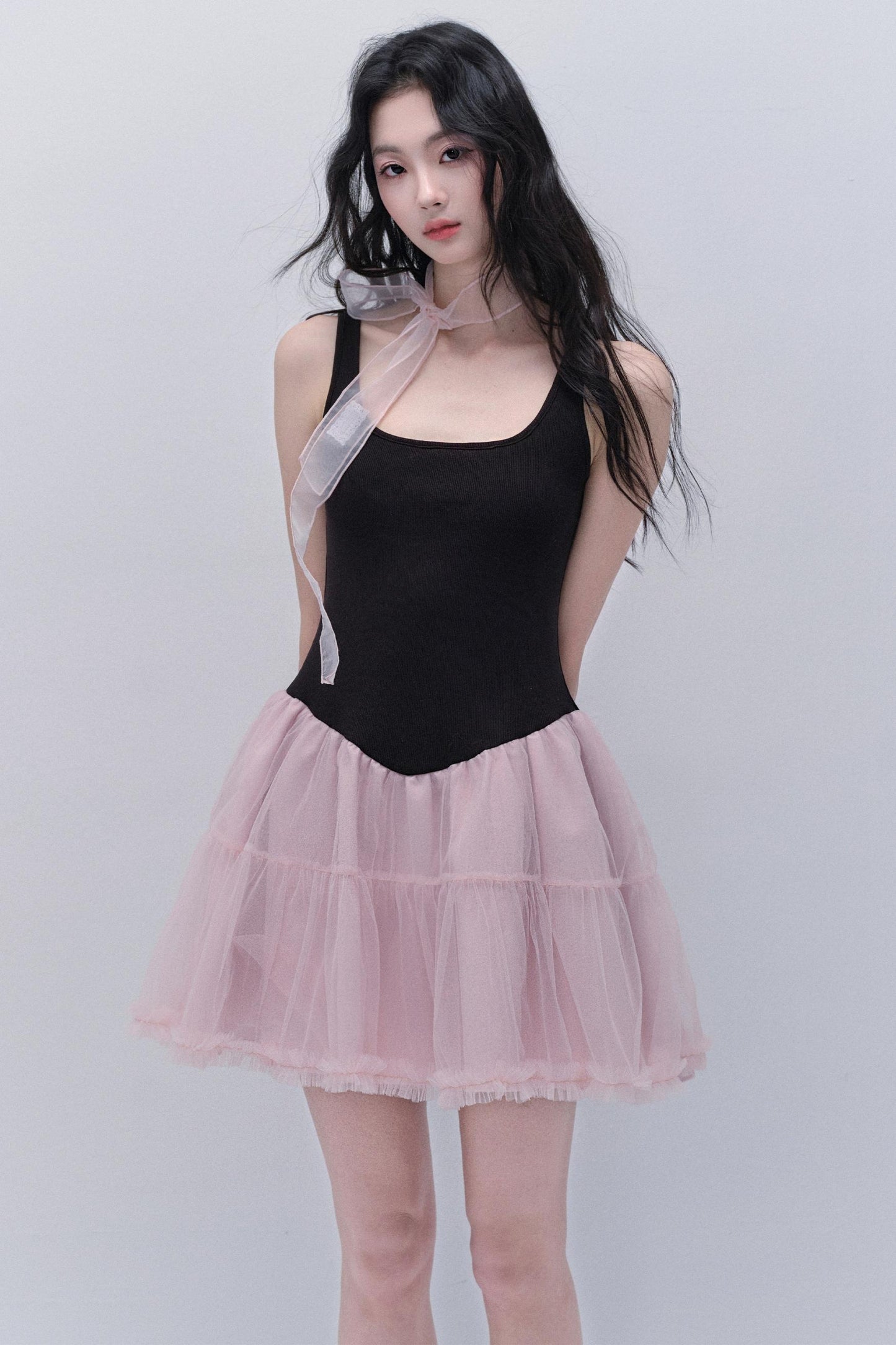 Sweet Fluffy Black-Pink Contrast Dress