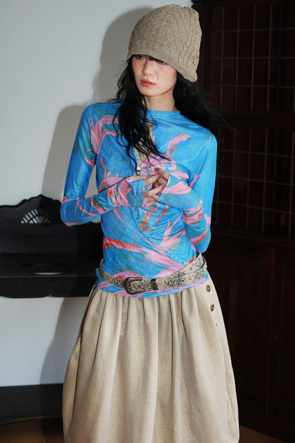 Chinese Mesh Cutout Long-Sleeved Top