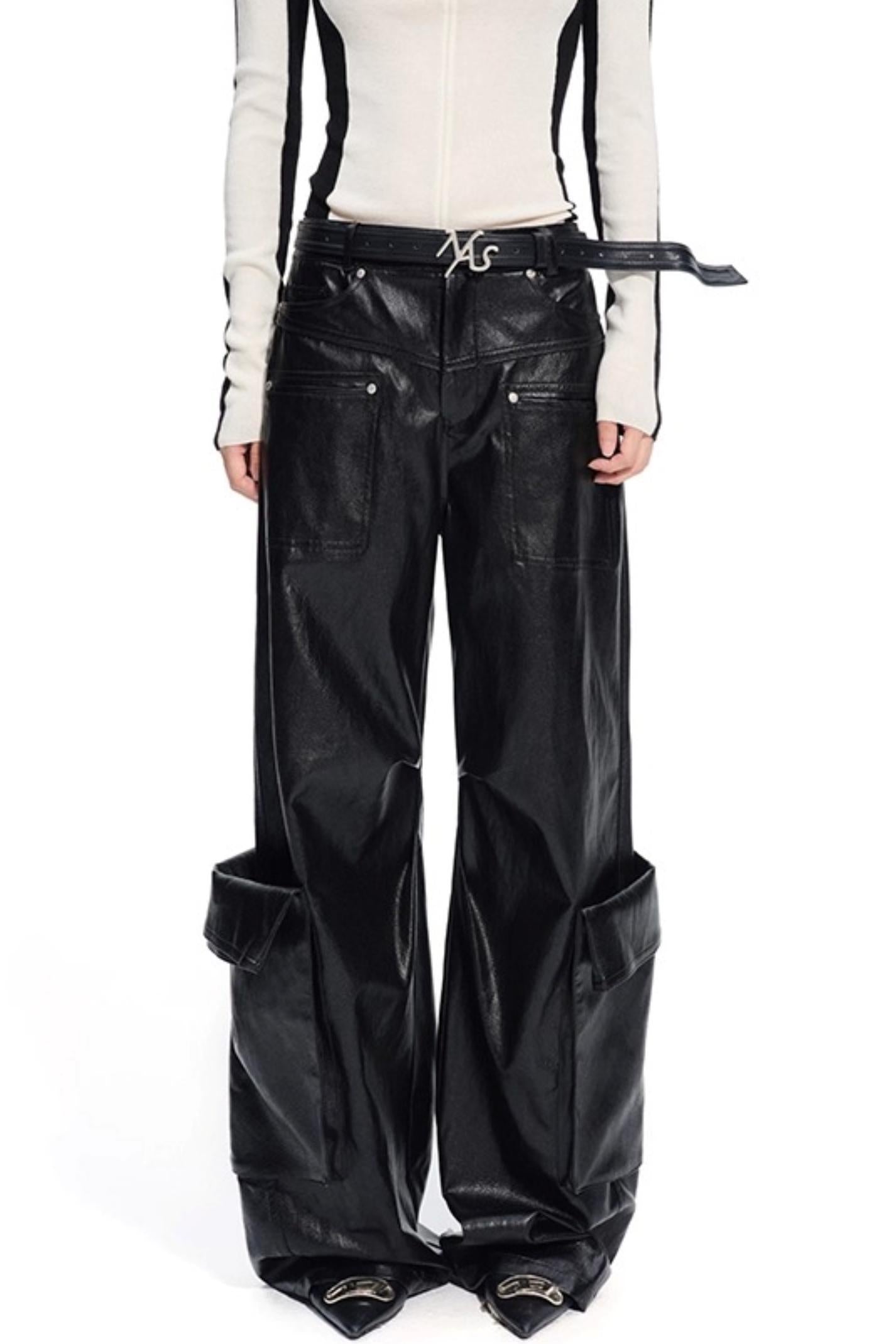 Punk Pebbled Wide-Leg Leather Pants