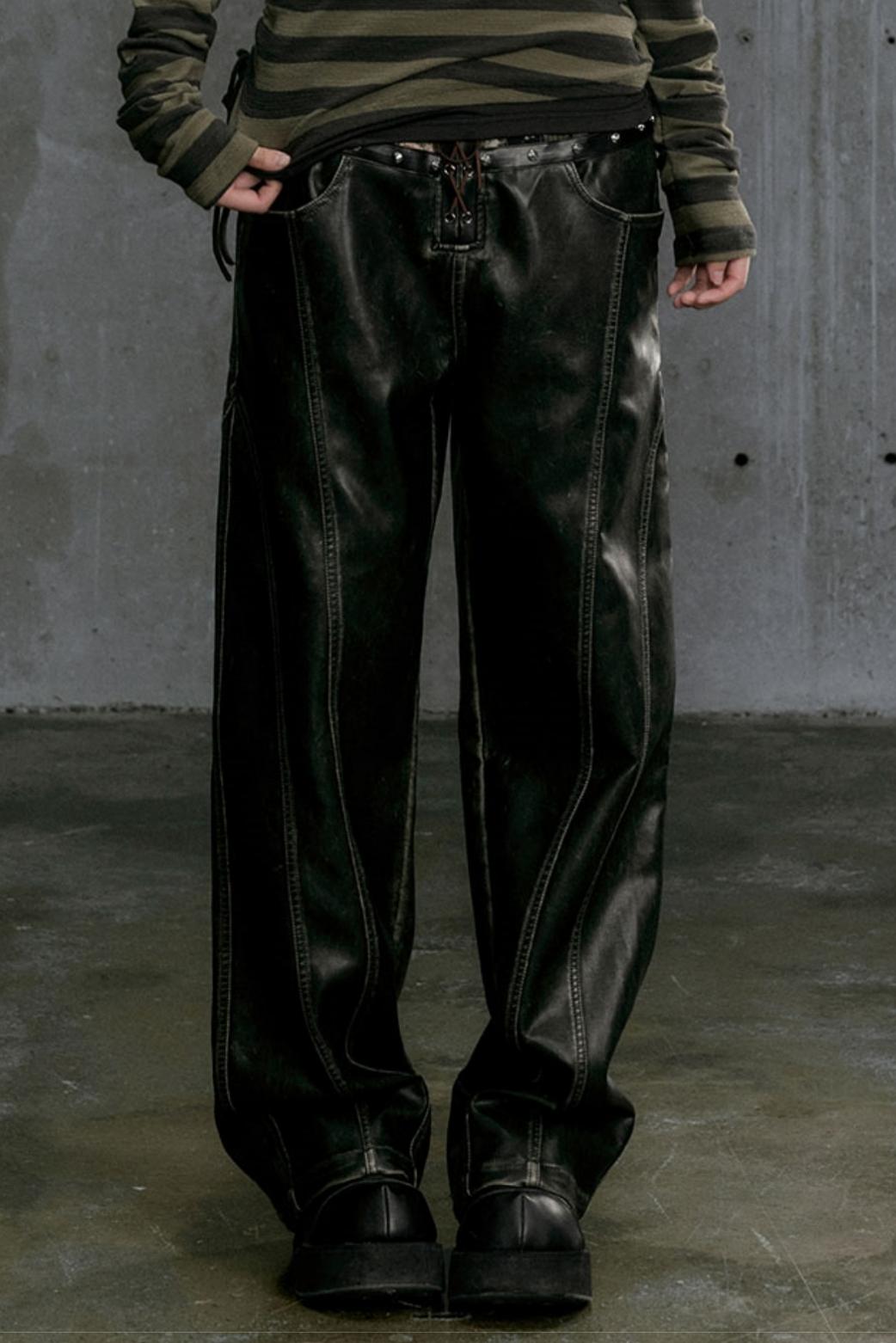 Washed Leather Panel Straight Pants