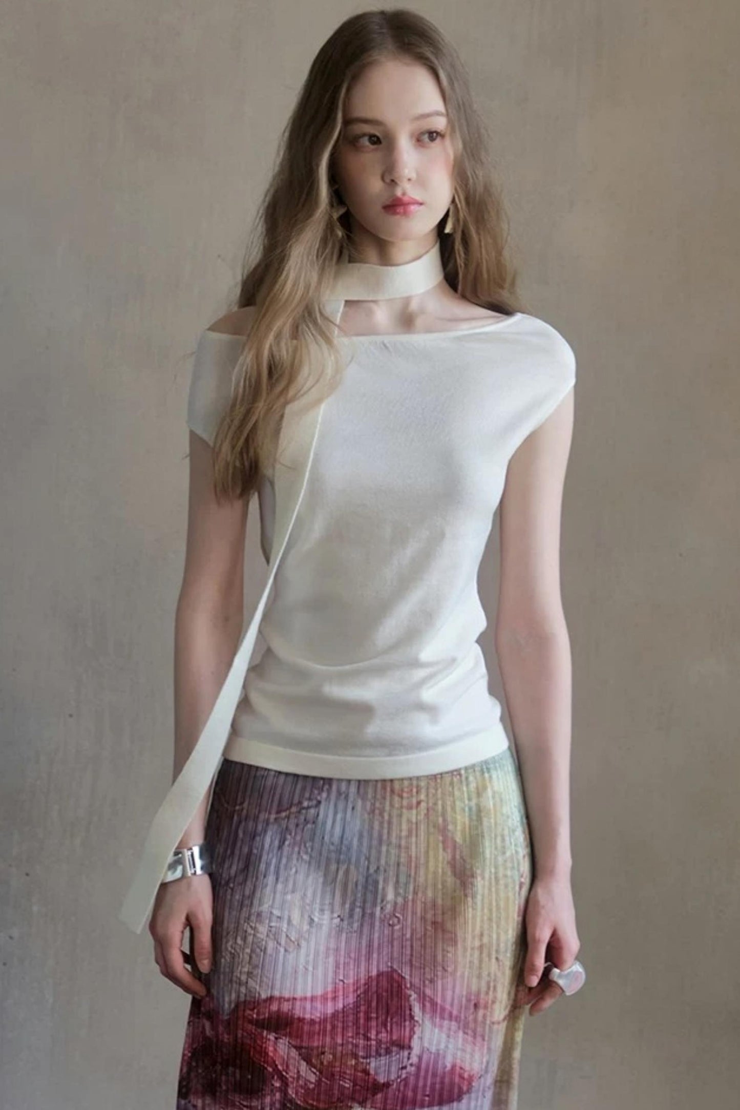 Milk White Asymmetrical Knit Top