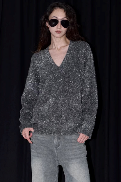 Silberner Faden V-Ausschnitt Strickpullover