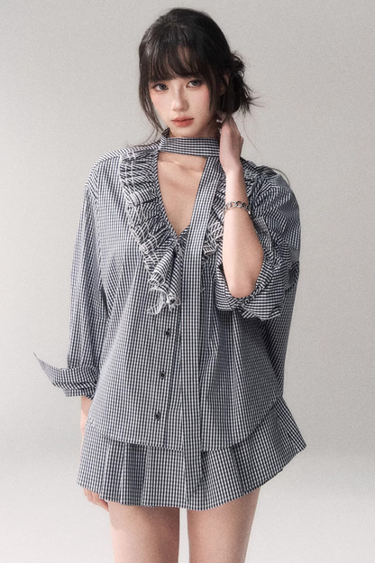 Blue Check Lace Blouse Set-Up