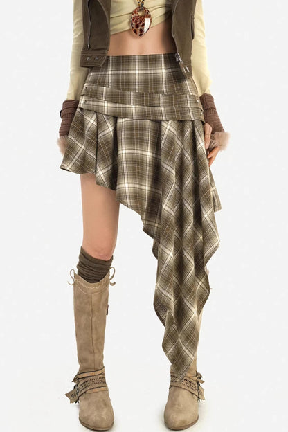 Retro Plaid Asymmetrical Skirt