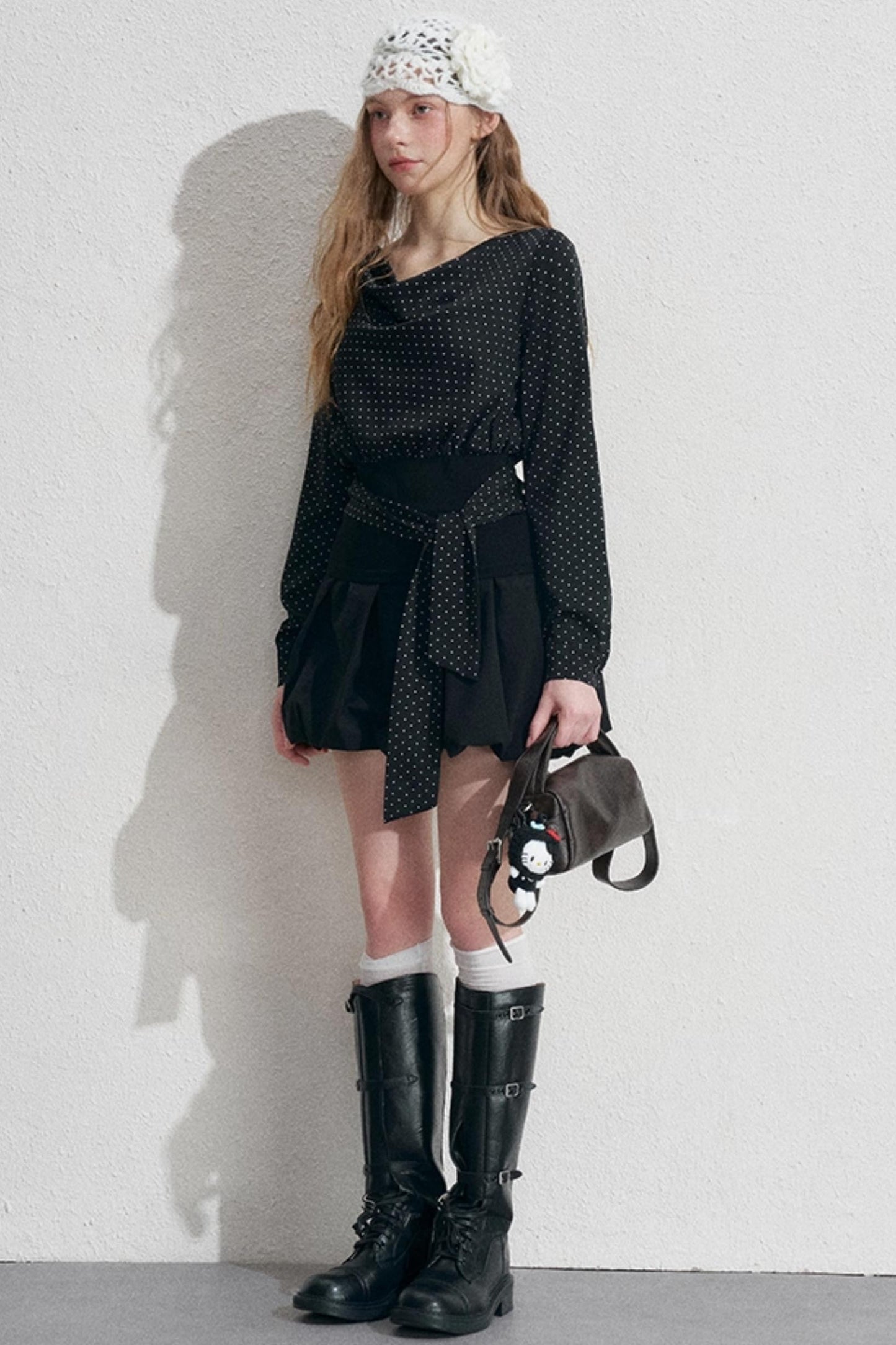 Polka Dot Swing Collar Black Shirt