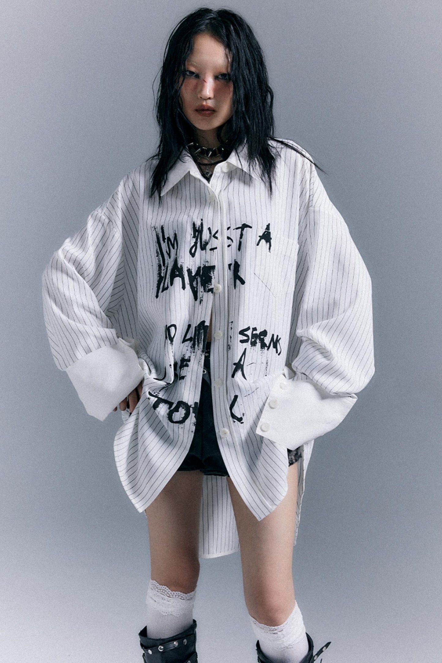 Graffiti Print Striped Long-Sleeved Shirt