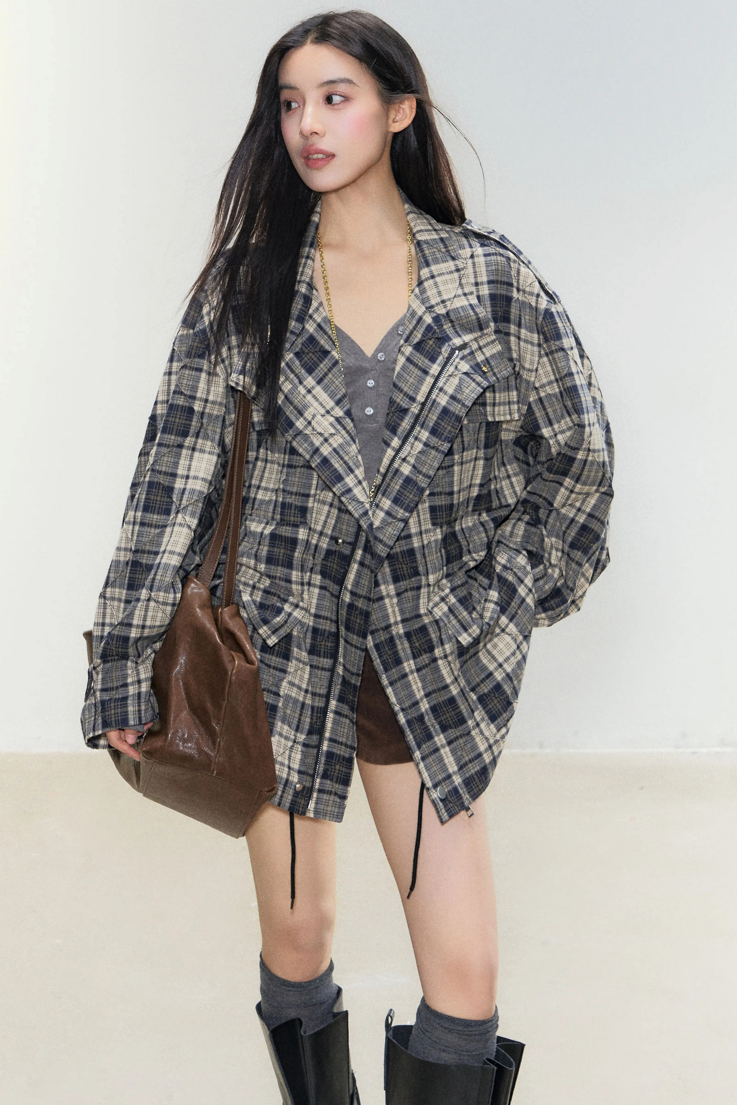 체크 레트로 바람막이 재킷