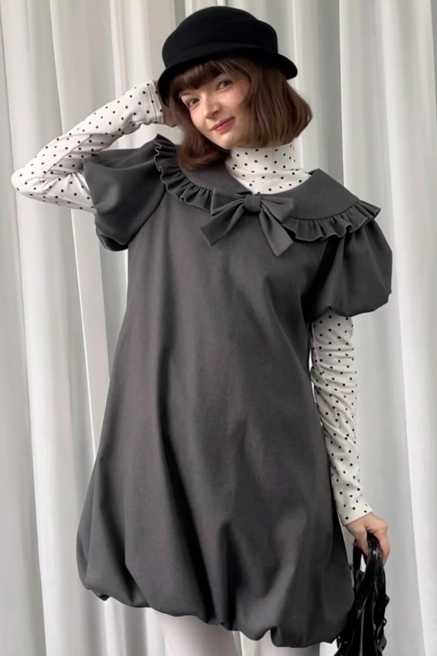 Gray Tweed Bow Lace Puff Sleeve Dress