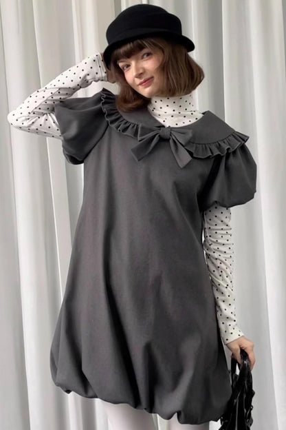 Gray Tweed Bow Lace Puff Sleeve Dress